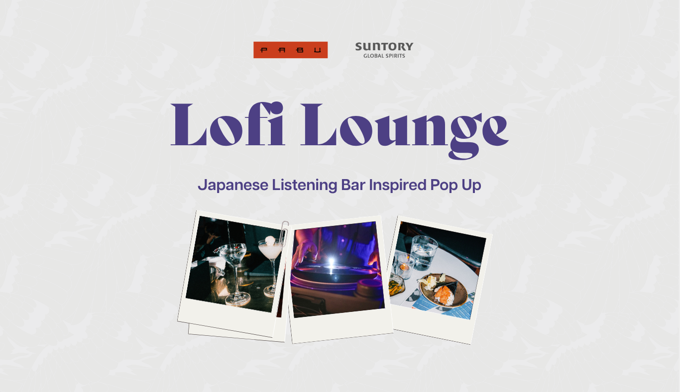 A promotional graphic reads Lofi Lounge: Japanese Listening Bar Inspired Pop Up with three polaroid photos showing cocktails, a DJ setup, and food, plus Fabu and Suntory logos. The background features a pale crane pattern.