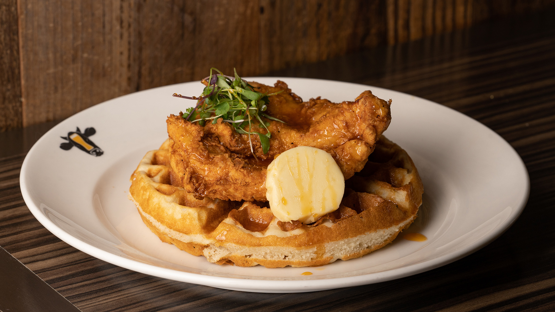 Chicken and waffles at Bourbon Pub at San Francisco International Airport