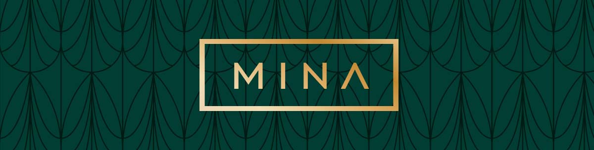 The image features the word MINA in gold, geometric letters, centered within a gold rectangular border on a dark green background with an elegant, repeating art deco pattern of stylized arches.